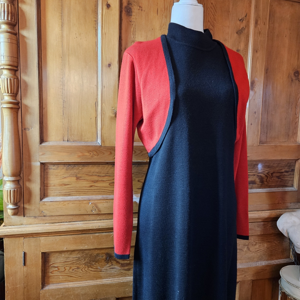 Nina Leonard Classic Long Black Knit Dress With Attached Red Shrug